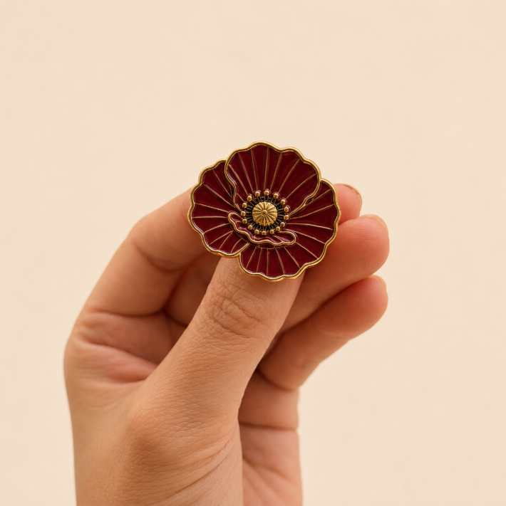 Red Poppy Brooch | Gold Enamel Floral Brooch